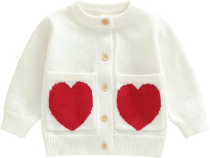 Baby Girl Valentine's Day Outfits Button Down Sweater Heart Print Knit Cardigan Sweaters Toddler ... | Amazon (US)