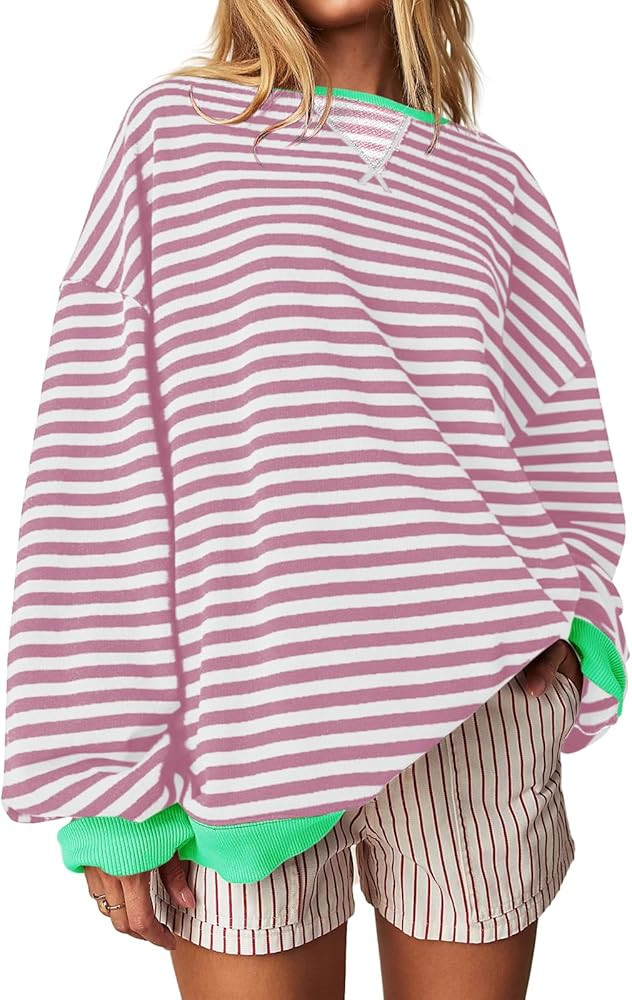 Fisoew Womens Striped Oversized Sweatshirt Color Block Crew Neck Long Sleeve Shirt Casual Loose P... | Amazon (US)