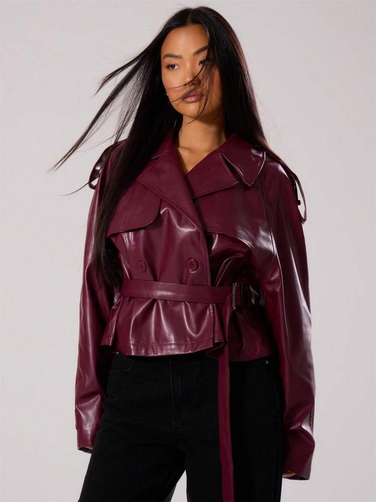 MUSERA PU Faux Leather Jacket Coat Tie Waist Cinched Pocket Detail Crop Trench Style Casual Every... | SHEIN