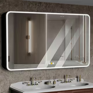 tunuo 60 in. W x 36 in. H Rectangular Aluminum Surface Mount Medicine Cabinet with Mirror, LED, o... | The Home Depot