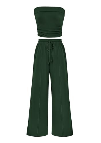 PRETTYGARDEN Womens Summer Outfits 2 Piece Sets Casual Ribbed Knit Crop Tube Top Wide Leg Pants Spring Matching Lounge Set(Dark Green,XX-Large) | Amazon (US)