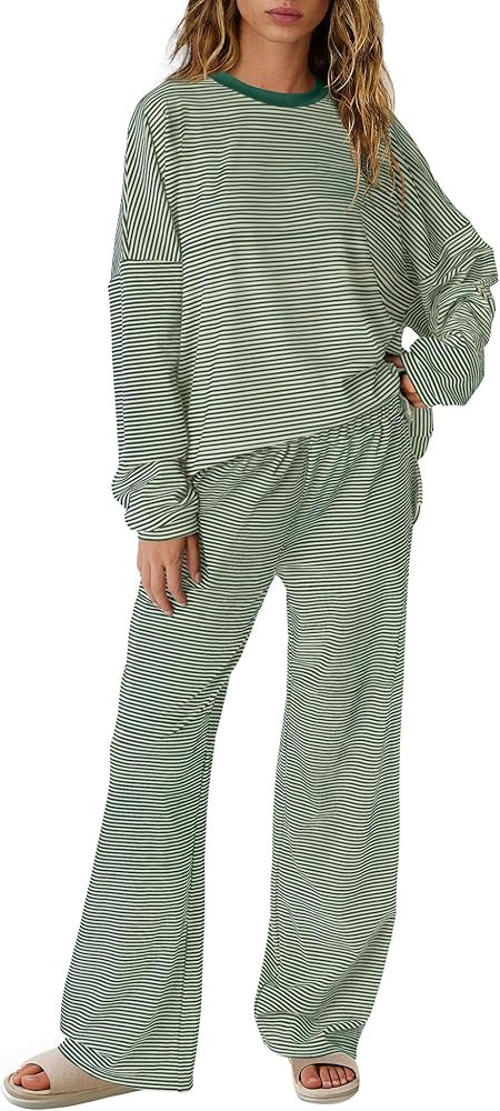Yanekop Womens Striped Lounge Set Long Sleeve Matching Sets Oversized Pajama Sets Striped Shirt W... | Amazon (US)