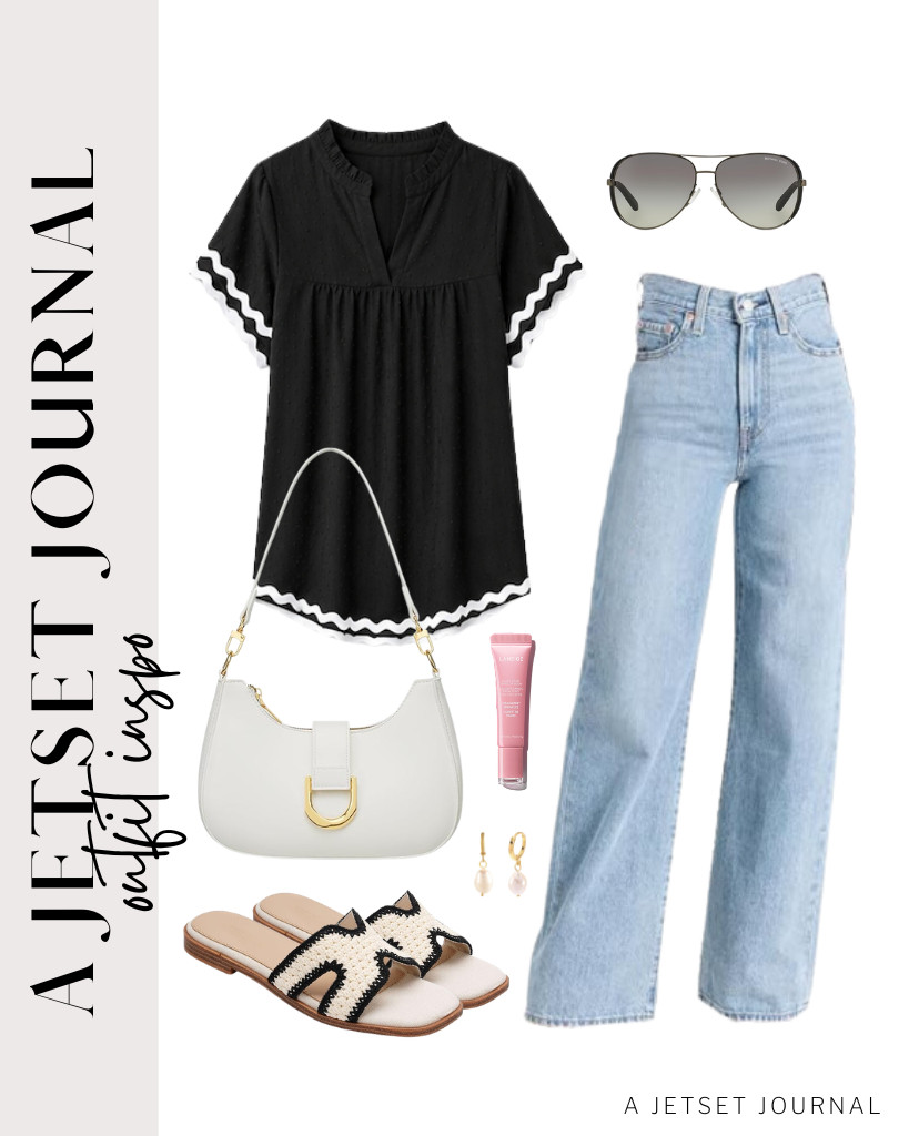 I’m so obsessed with this combination of a black ruffle blouse and Levi’s wide-leg jeans, which is perfect for casual gatherings. Go for these Project Cloud leather sandals and a small shoulder bag that complements this fit. Finish the chic look with these Michael Kors aviator sunglasses and a smooth application of LANEIGE lip serum.

#LTKSeasonal #LTKSaleAlert #LTKTravel
 

 