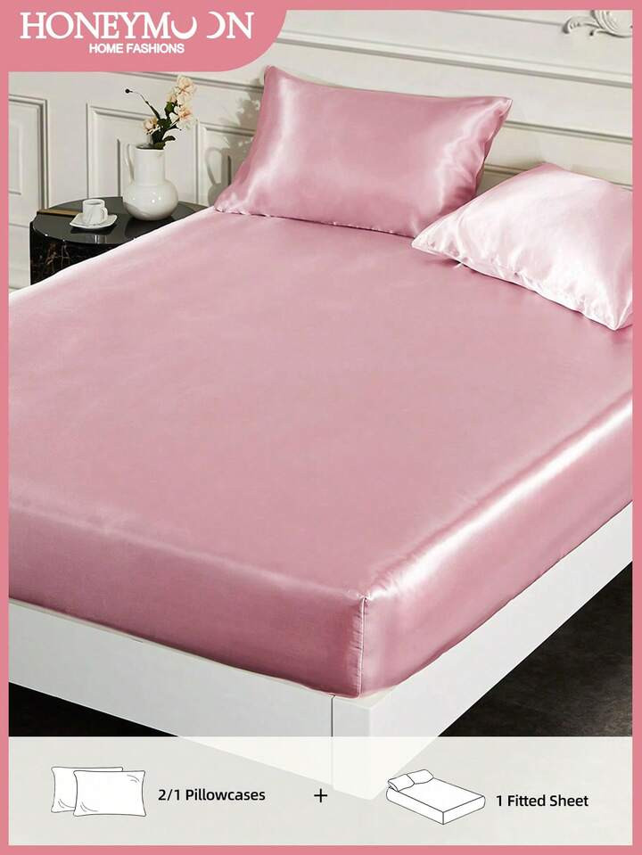 2/3 Peças Lençol Com Elástico De Cor Sólida Em Cetim, 1 Peça Lençol Com Elástico De Cetim + 1/2 Peças Fronha De Cetim Suave E Respirável, Sem Rugas, Melhor Para Dormir, Estilo De Hotel De Luxo, Presente, Para Cama De Todos Os Tamanhos - Gêmeo, Casal, King, Queen Lençol Com Profundidade De Bolso De 14 Polegadas/35 Cm, Lavável Em Máquina | SHEIN