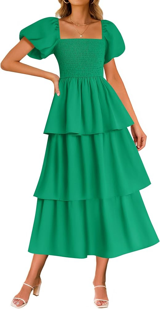 ZESICA Women's Summer Puff Sleeve Midi Dress 2026 Casual Flowy A Line Tiered Wedding Guest Beach ... | Amazon (US)