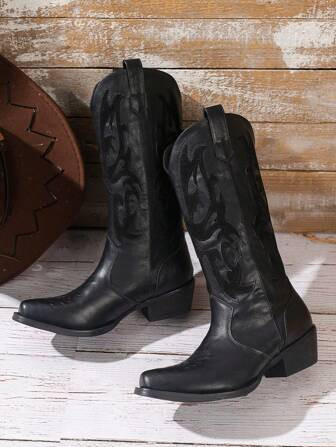 Western Embroidery Detail Chunky Heel Boots, Vintage Knight Boots | SHEIN