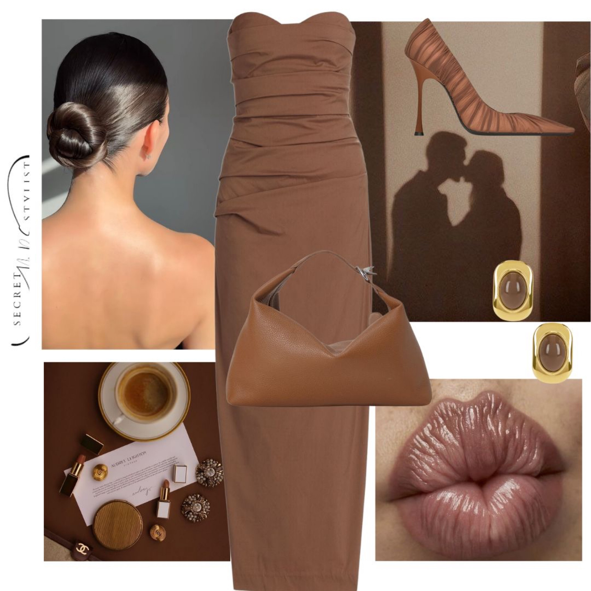 Earthy elegance in every detail 🍂 This look features a strapless, form-fitting brown dress paired with matching stilettos and a chic leather bag. A sleek low bun adds timeless grace, complemented by minimal, glossy makeup. Perfect for an evening of warmth, intimacy, and refined style. 

#LTKSeasonal #LTKStyleTip #LTKU