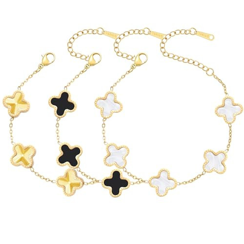 AIPPK 18K Gold Plated Bracelet Gold/White/Black Clover Bracelet Set for Women Four Leaf Lucky Bracelets Jewelry Gifts for Women | Amazon (US)
