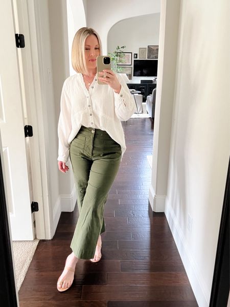These green wide legs pants from Anthropology have become my new favorites.  So stretchy and comfortable.

Size gown in both the pants and the white gauzy Free People top.



#LTKOver40 #LTKMidsize