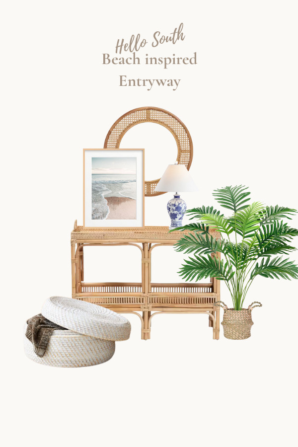 Coastal entryway decor, welcoming beach house style with natural textures, light colors, and seaside details. Rattan round mirror, seagrass basket, and popular rattan bar cart type table with blue and white floral lamp,  

 #LTKHome #LTKFindsUnder100 #LTKStyleTip