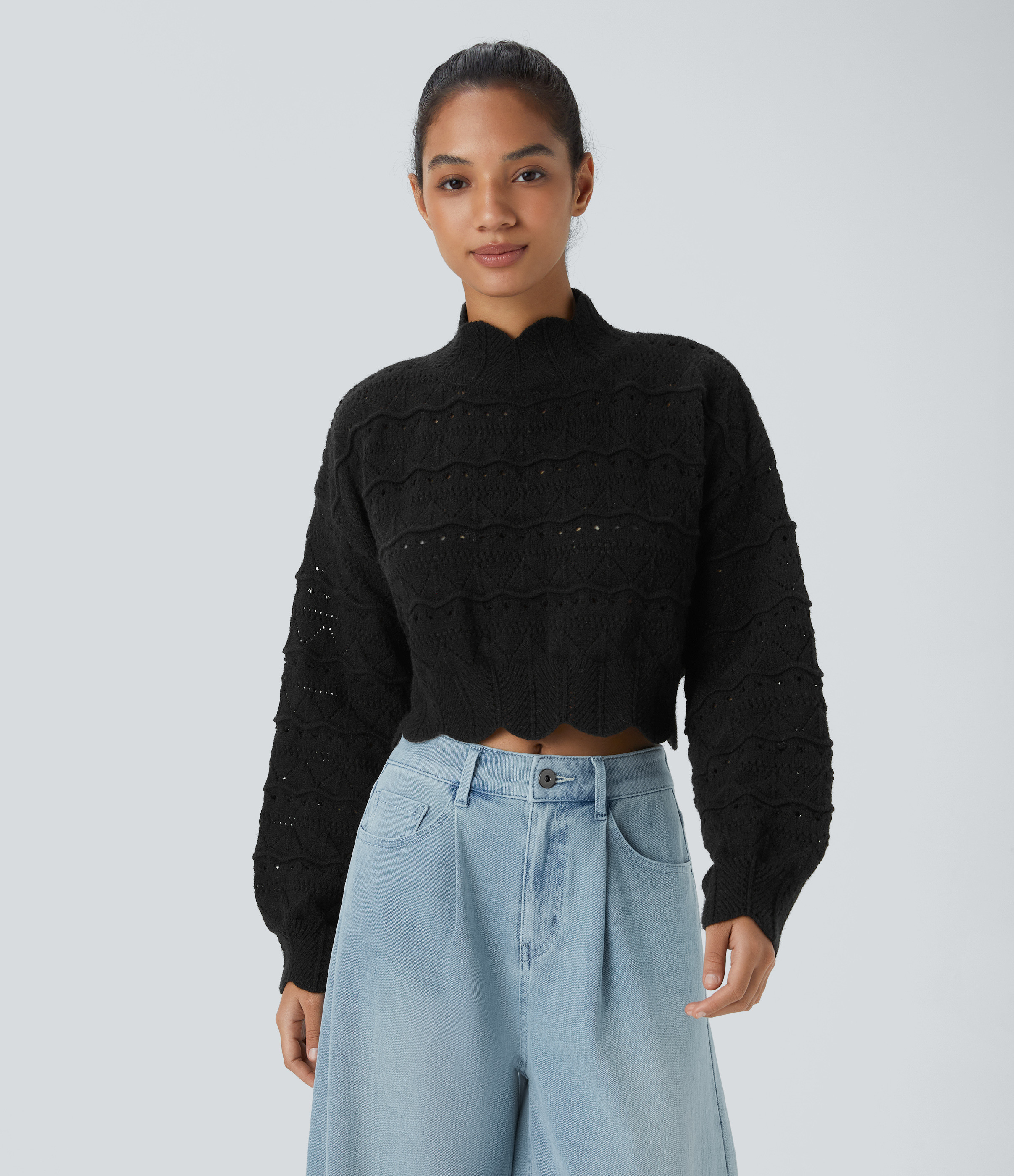 Halara Mock Neck Bishop Sleeve Scallop Hem Open Knit Casual Sweater - Black - L | HALARA