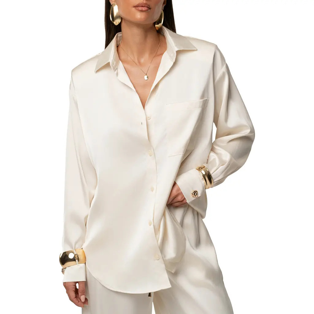 JLUXLABEL Island Ease Satin Shirt in Ivory at Nordstrom, Size X-Large | Nordstrom