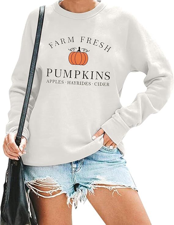 KIDDAD Fall Sweatshirt Women Farm Fresh Pumpkins Apples Hayrides Cider Sweatshirt Halloween Pullo... | Amazon (US)
