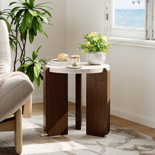 COSIEST Small Round Side Table, Modern 3-Leg Accent End Table with Faux Marble Wood Top and Wood-Like Legs, Nightstand for Living Room, Bedroom, Office, Cream White & Dark Brown,17.7”Dia. x 18.9”H | Amazon (US)