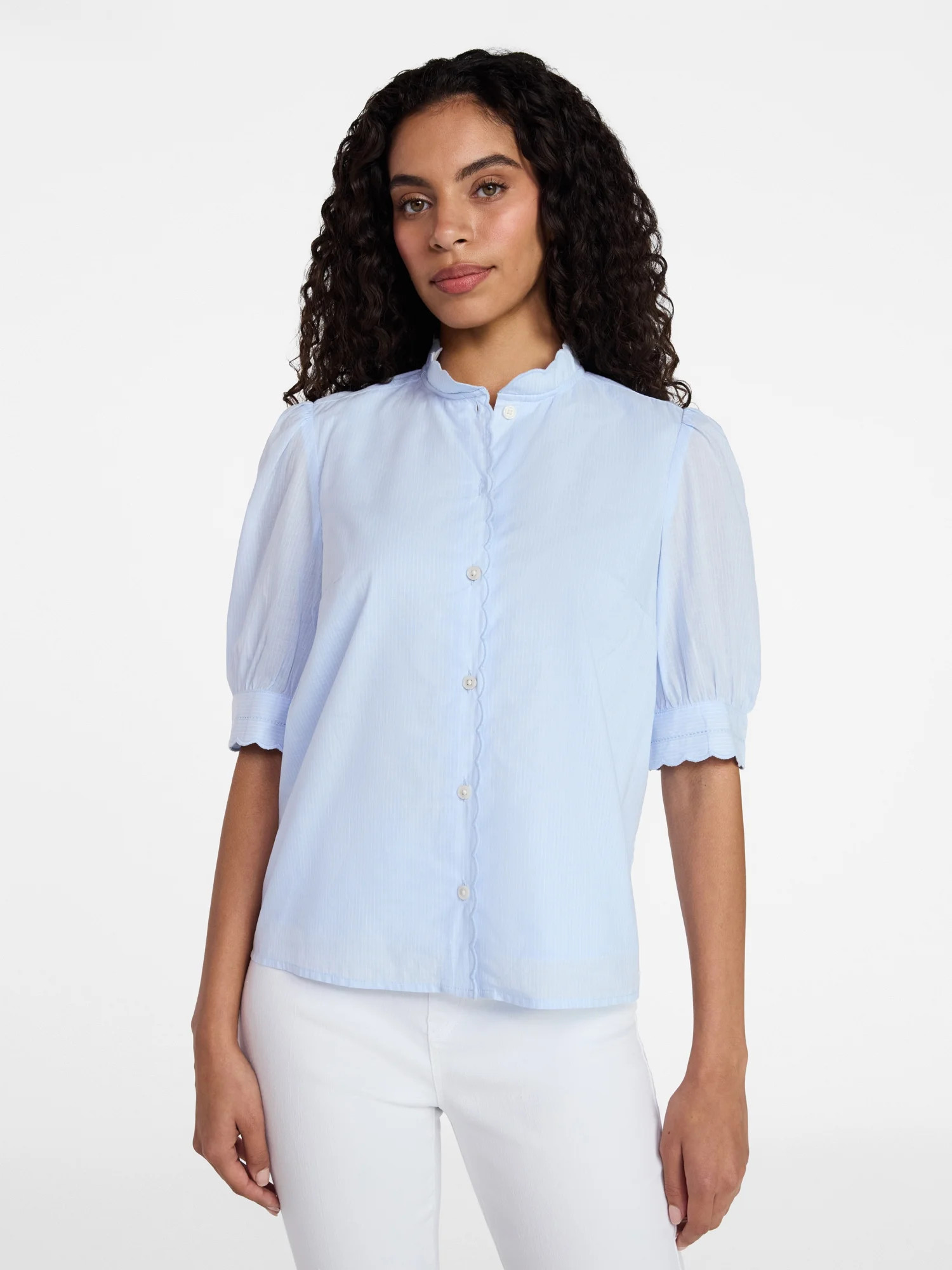Time and Tru Women's Cotton Scalloped Edge Blouse with Short Sleeves, Sizes XS-XXXL | Walmart (US)