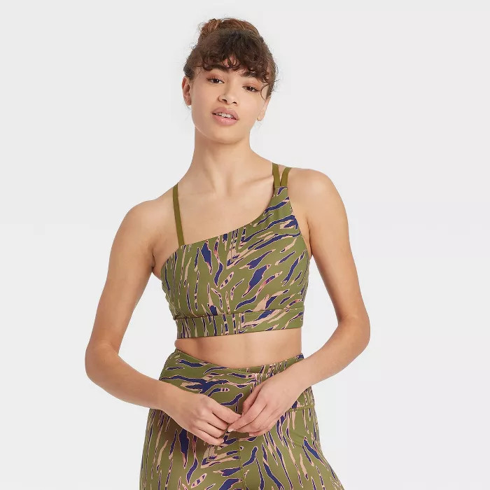 Women's Zebra Print Asymmetrical Strappy Bra with Removable Pads - JoyLab™ Army Green | Target