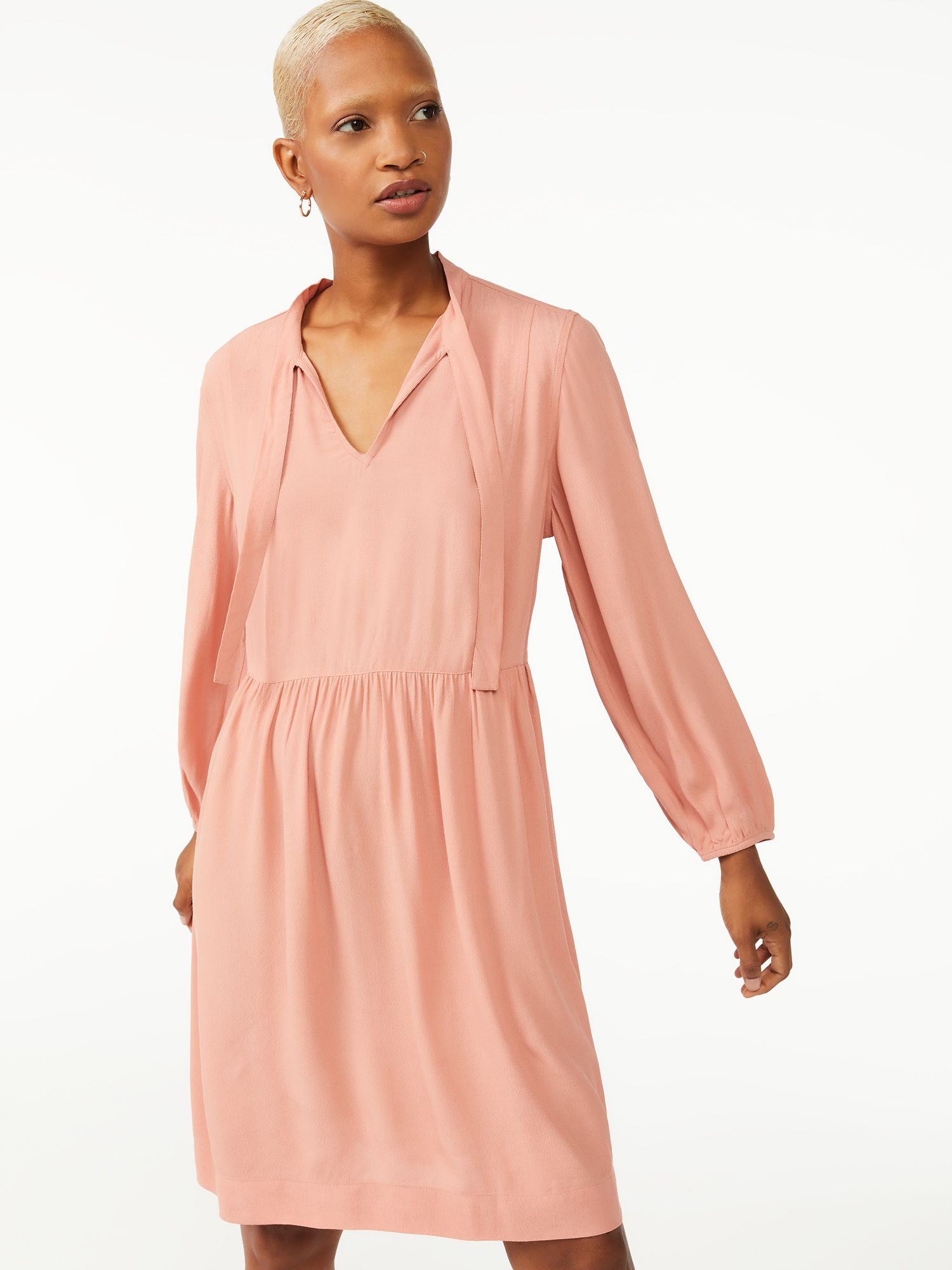 Free Assembly Women's Tie Neck Swing Dress with Long Sleeves | Walmart (US)