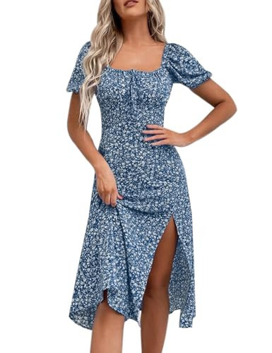 SPRIME Womens Floral Summer Casual Dress Square Neck Puff Sleeve Boho Midi Dresses Ruched High Waist Split Long Dress (Dark Blue Floral, Small) | Amazon (US)