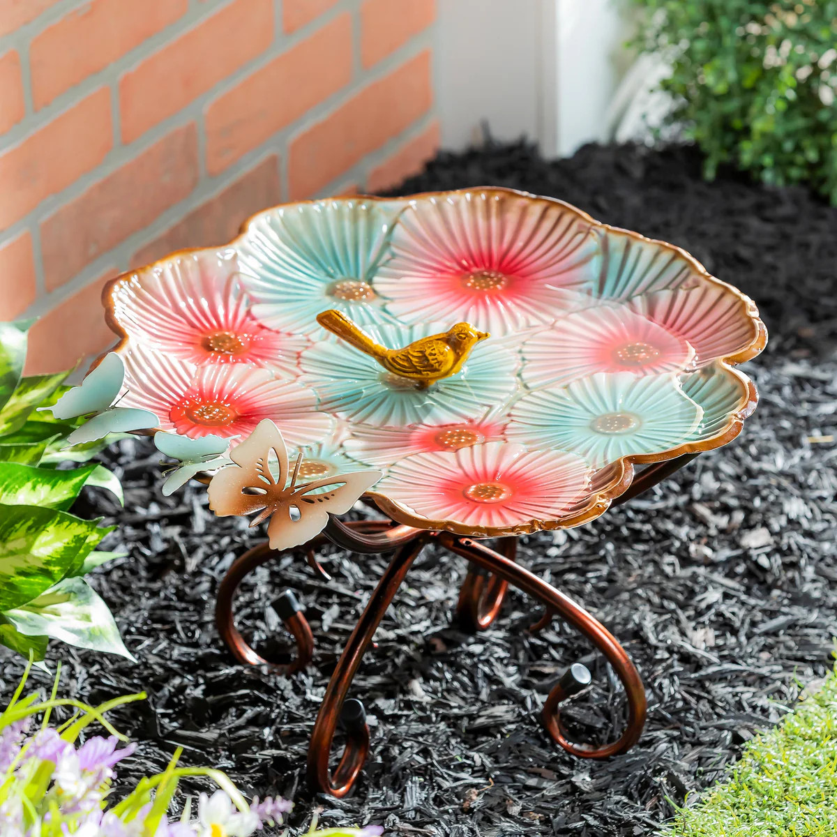 17" Metal Sculpted Edge Bird Bath, Butterfly & Flowers | Plow & Hearth