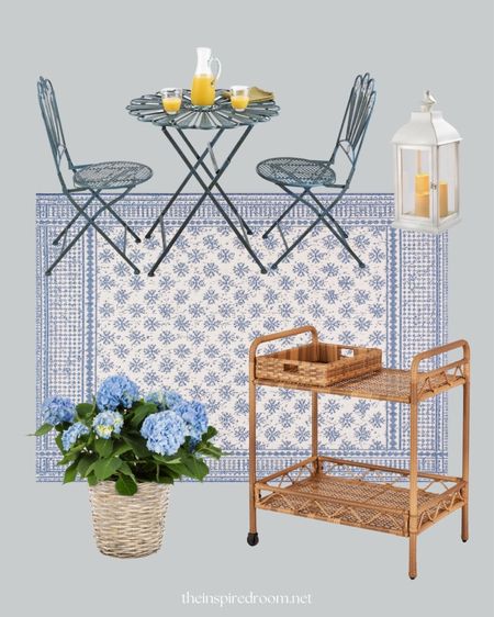 Spring and summer decorating inspiration 🌿 Walmart bistro table and chair set, rattan steel bar tea cart, live hydrangeas in basket, lantern, outdoor rug (find 5 more outdoor mood boards with simple swaps on theinspiredroom.net) 

#LTKSeasonal #LTKstyletip #LTKhome