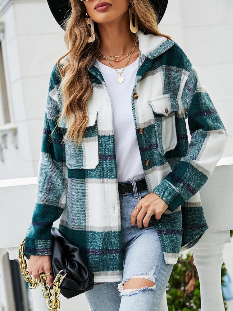 Mantel mit Plaid Muster, Pattentasche, Knopf vorne | SHEIN