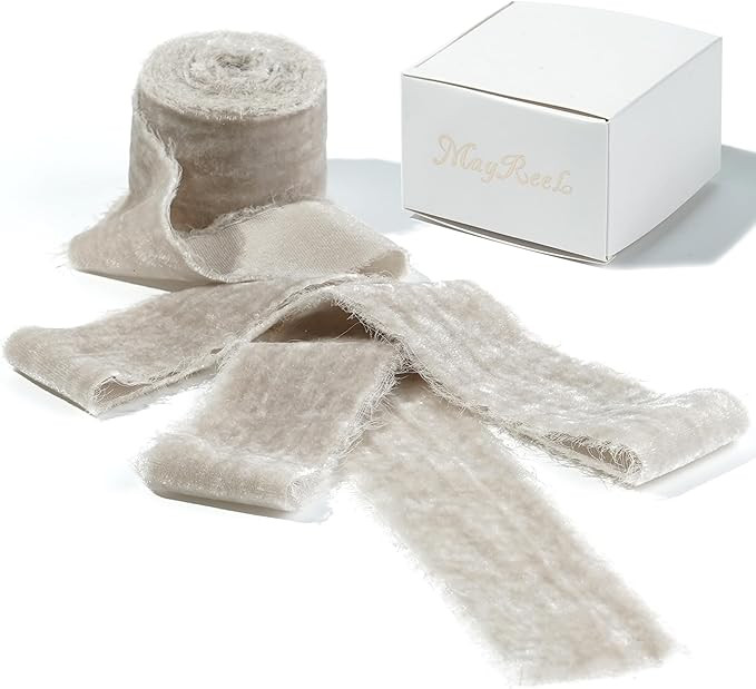 MAYREEL 2 Inch Taupe Velvet Ribbon Hand Torn Beige Silk Frayed Edge Ribbon for Bridal Bouquets In... | Amazon (US)