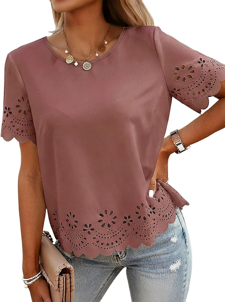 CHICME Women's Casual Summer Top 2026 Short Sleeve Round Neck Laser Cut Eyelet Scallop Trim Shirt... | Amazon (US)