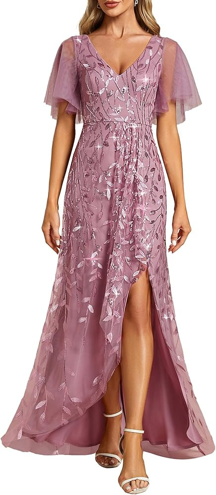 Ever-Pretty Women's Shimmery Formal Dress V Neck Sequins A-Line Side Slit Elegant Long Evening Dr... | Amazon (US)