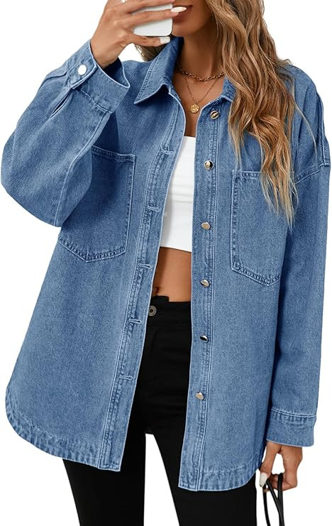 Tankaneo Womens Oversized Denim Shirt Jacket Button Down Fall Jean Shacket | Long Sleeve Casual | Amazon (US)
