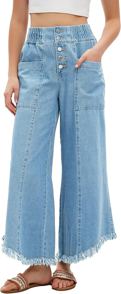 LifeShe Women's Baggy Wide Leg Jeans Elastic Waisted Cropped Denim Pants Loose Boyfriend Raw Hem ... | Amazon (US)
