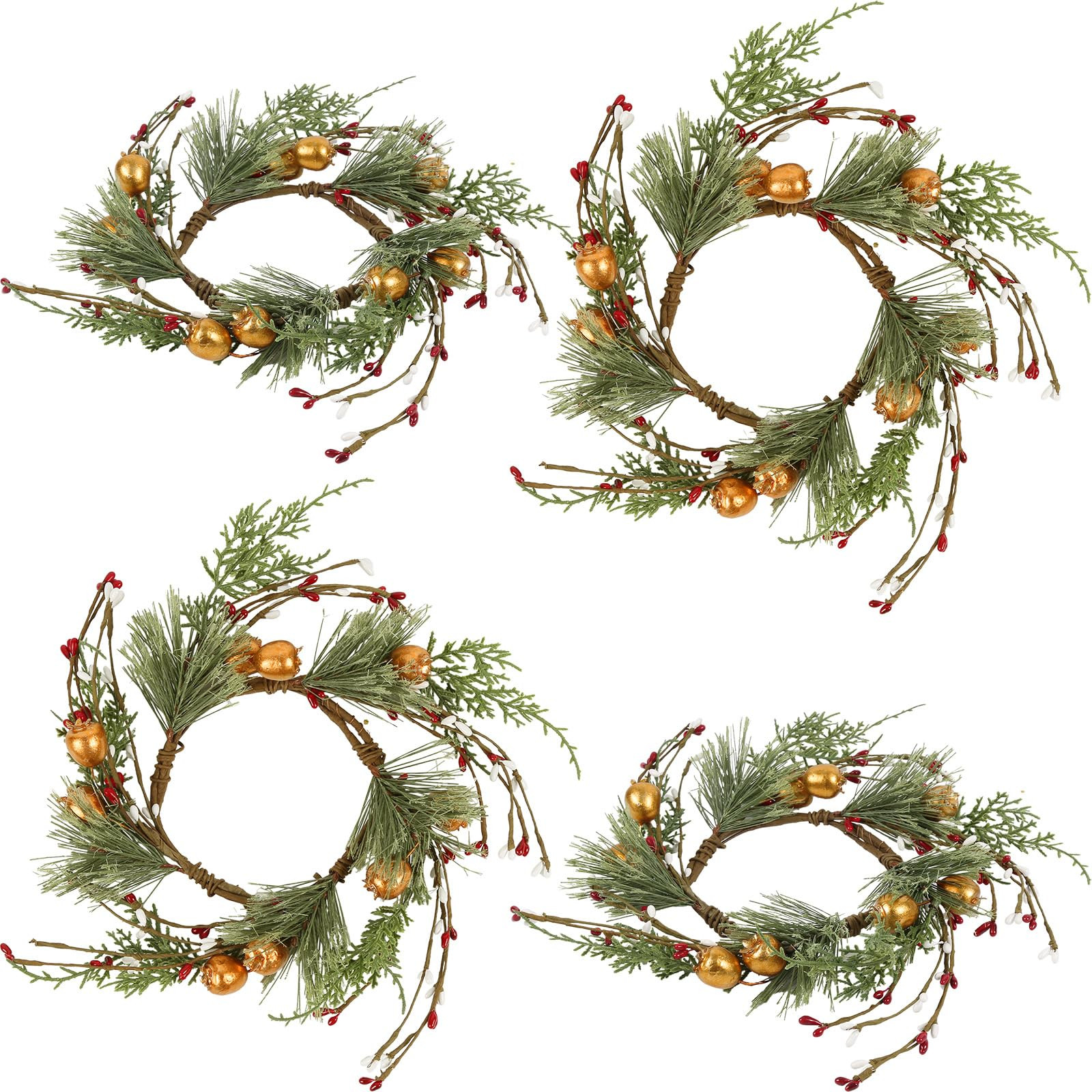 4Pcs Christmas Candle Rings Wreaths Norfolk Pine Garland Gold Berry Pine Garland 5 inch Candle Ho... | Amazon (US)