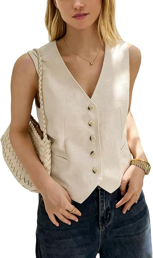 Womens Linen Vest V Neck Lightweight Waistcoat | Amazon (US)