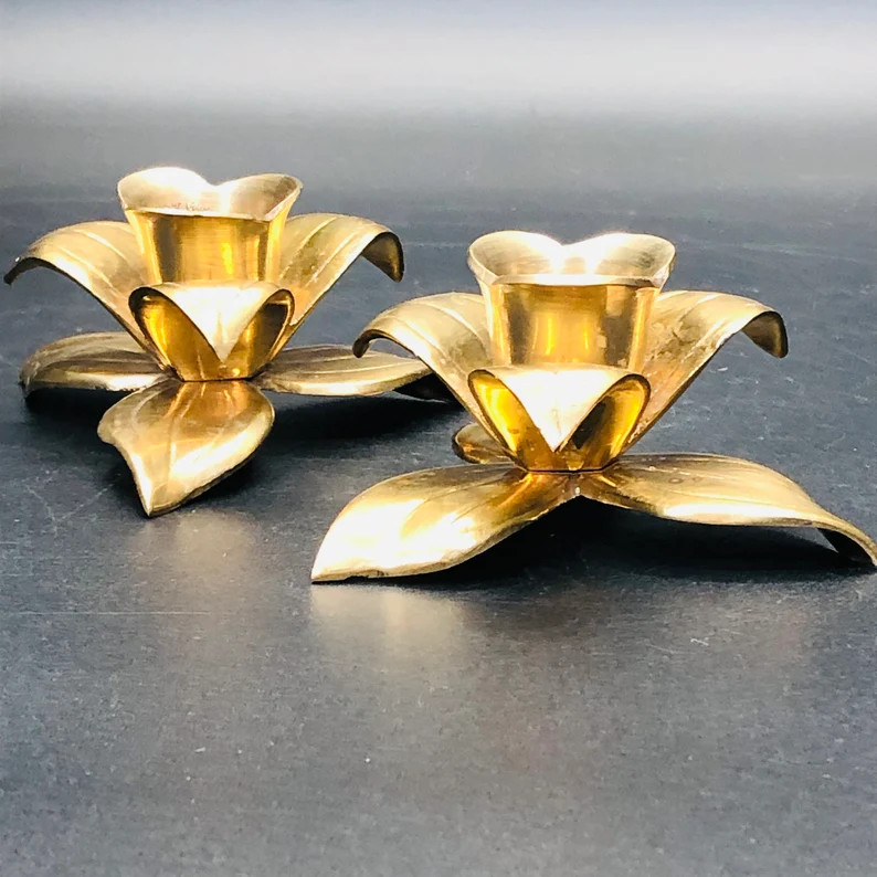 Solid Brass Flower Blossom Candlestick Holder PAIR, Vintage Floral Brass Candle Holders, Metal De... | Etsy (US)