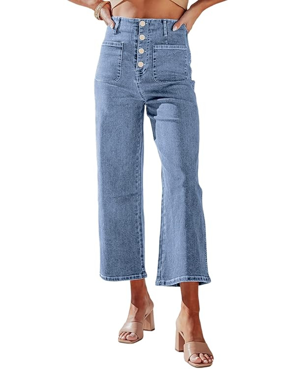 Sidefeel Women's Wide Leg Jeans High Waisted Stretchy Straight Leg Jeans Buttoned Loose Denim Pan... | Amazon (US)