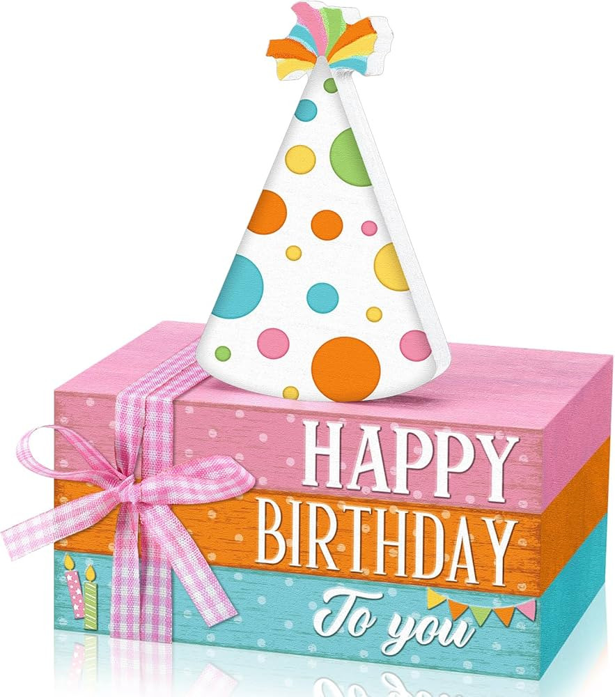 Geelin 4 Pcs Birthday Wooden Book Stack Decor, Rustic Happy Birthday Table Centerpieces with Part... | Amazon (US)