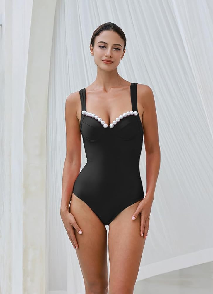 FLAXMAKER Black Double Shoulder Straps Chest Pearl One Piece Swimsuit and Skirt | Amazon (US)