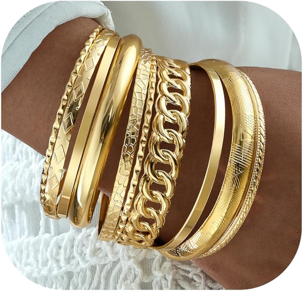 ÌF ME Gold Bangle Bracelets for Women, Indian Bangles Stackable Set, Multi Layer Textured 14K Go... | Amazon (US)