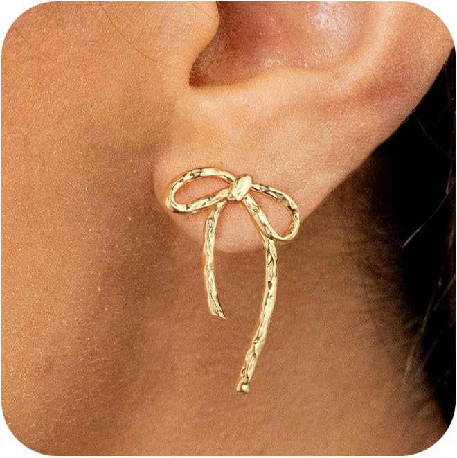 Moodear Gold Bow Earrings Dainty Bow Ribbon Stud Earrings for Women Trendy Cute Statement 14K Gol... | Amazon (US)
