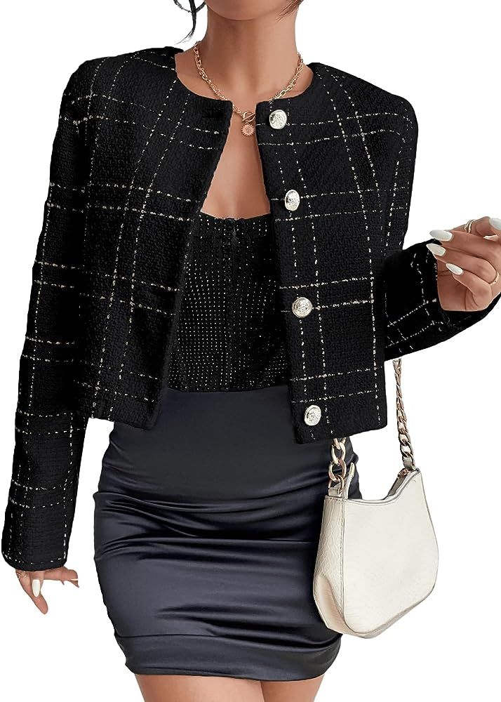 SweatyRocks Women's Plaid Long Sleeve Round Neck Button Down Crop Jacket Single Breasted Short Co... | Amazon (US)