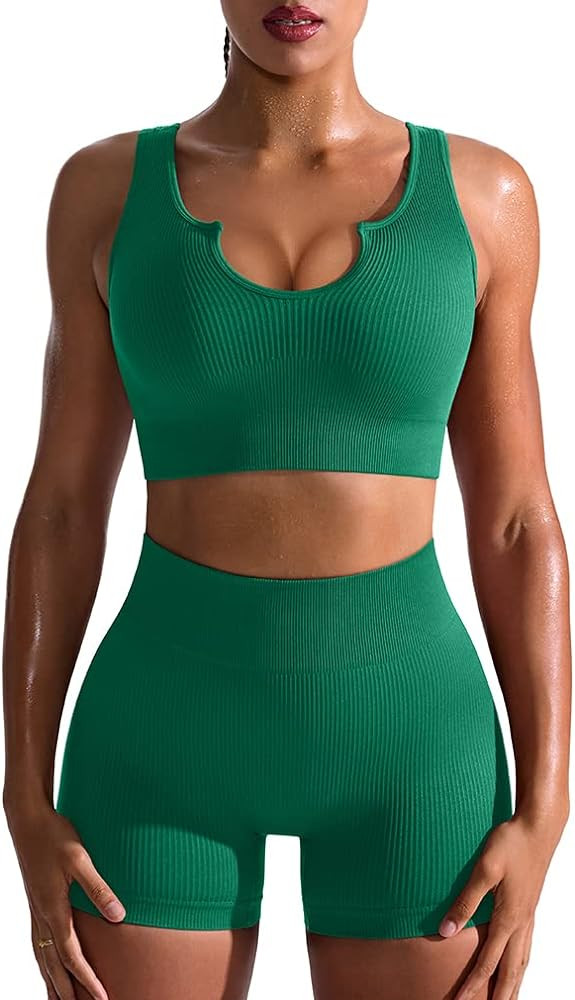 Amazon.com: OQQ Workout Outfits for Women 2 Piece Seamless Ribbed High Waist Leggings with Sports... | Amazon (US)