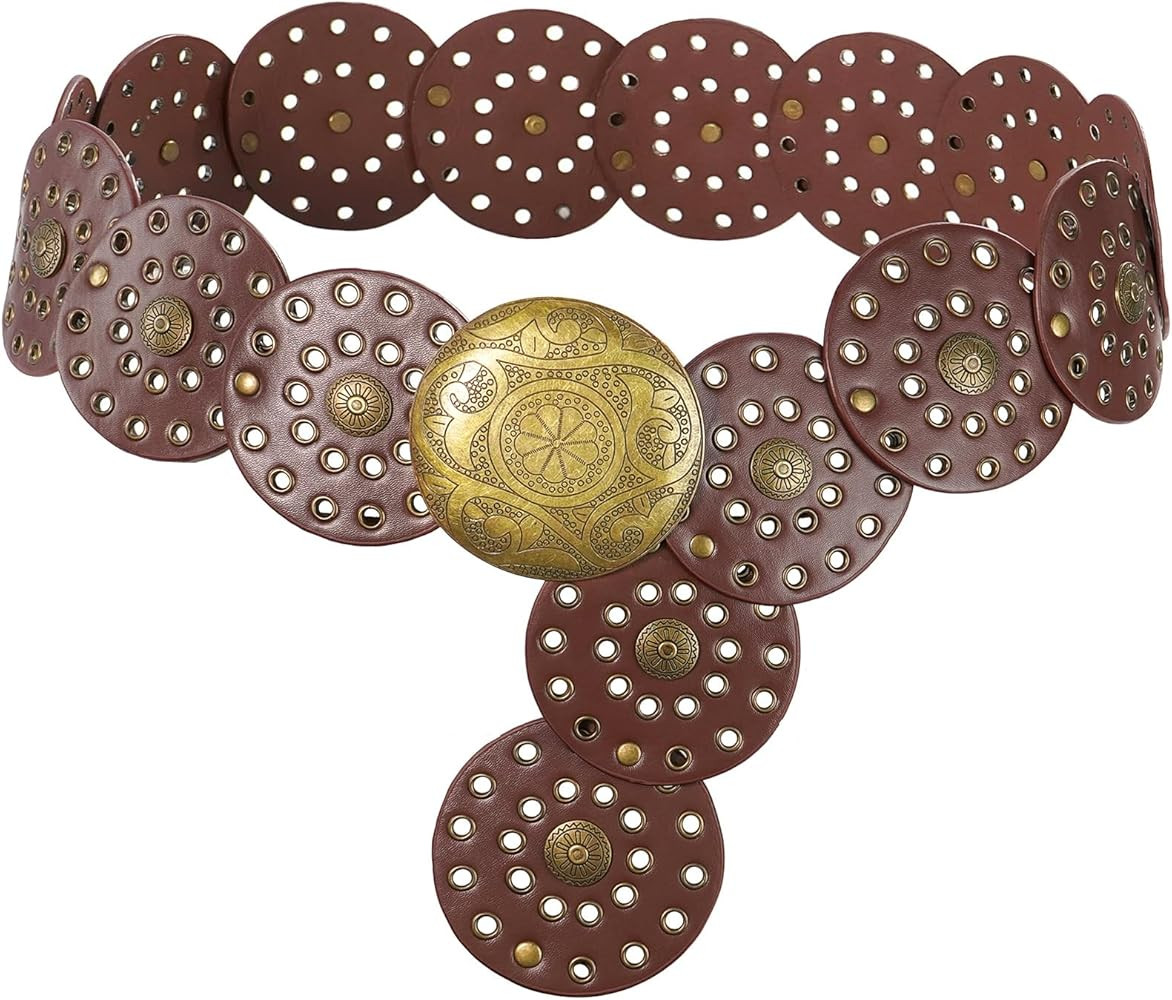 Wide Disc Belt for Women Vintage Hollow Boho Leather Belt Western Chunky Waist Belt Cowboy Metal ... | Amazon (US)