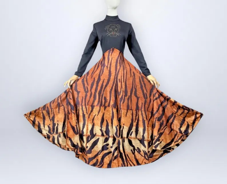 Vintage 70s Big Cat Rhinestone Tiger Print Ultra Sweep Maxi Dress Basque Waist VFG | Etsy (Global)