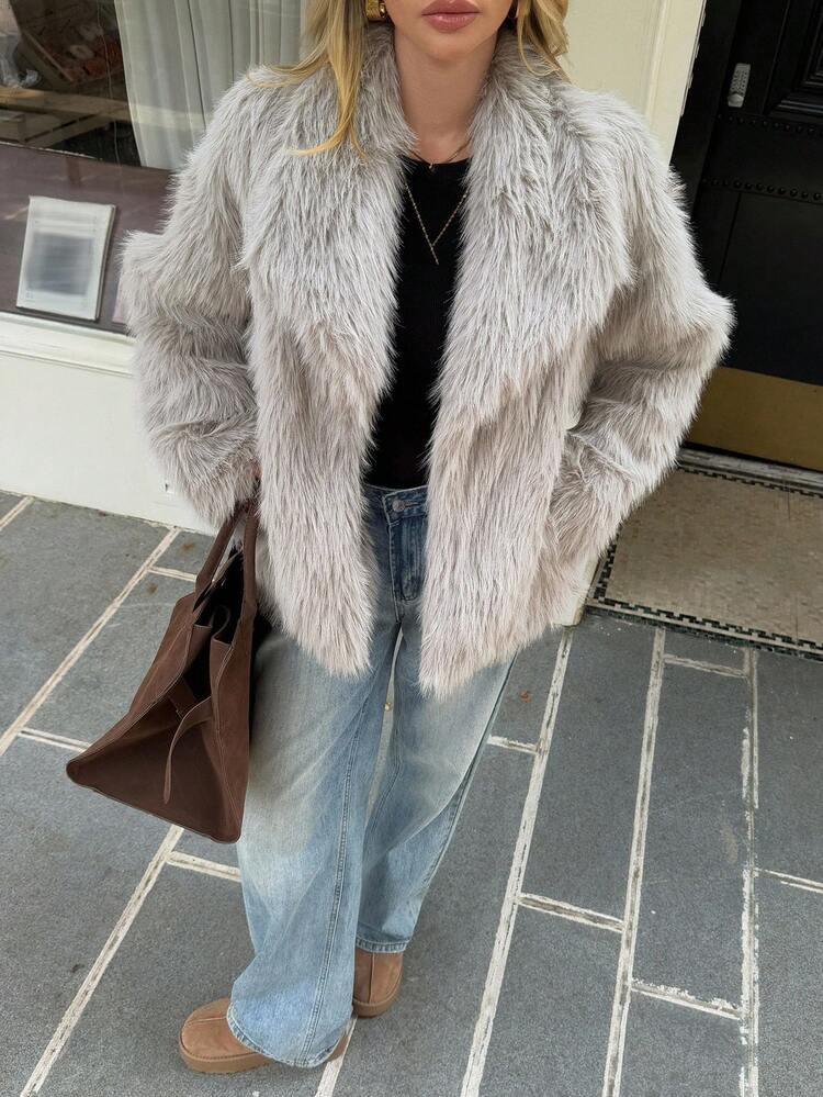 Livesso Women's Casual Loose Faux Fur Collar Jacket, Autumn/Winter | SHEIN