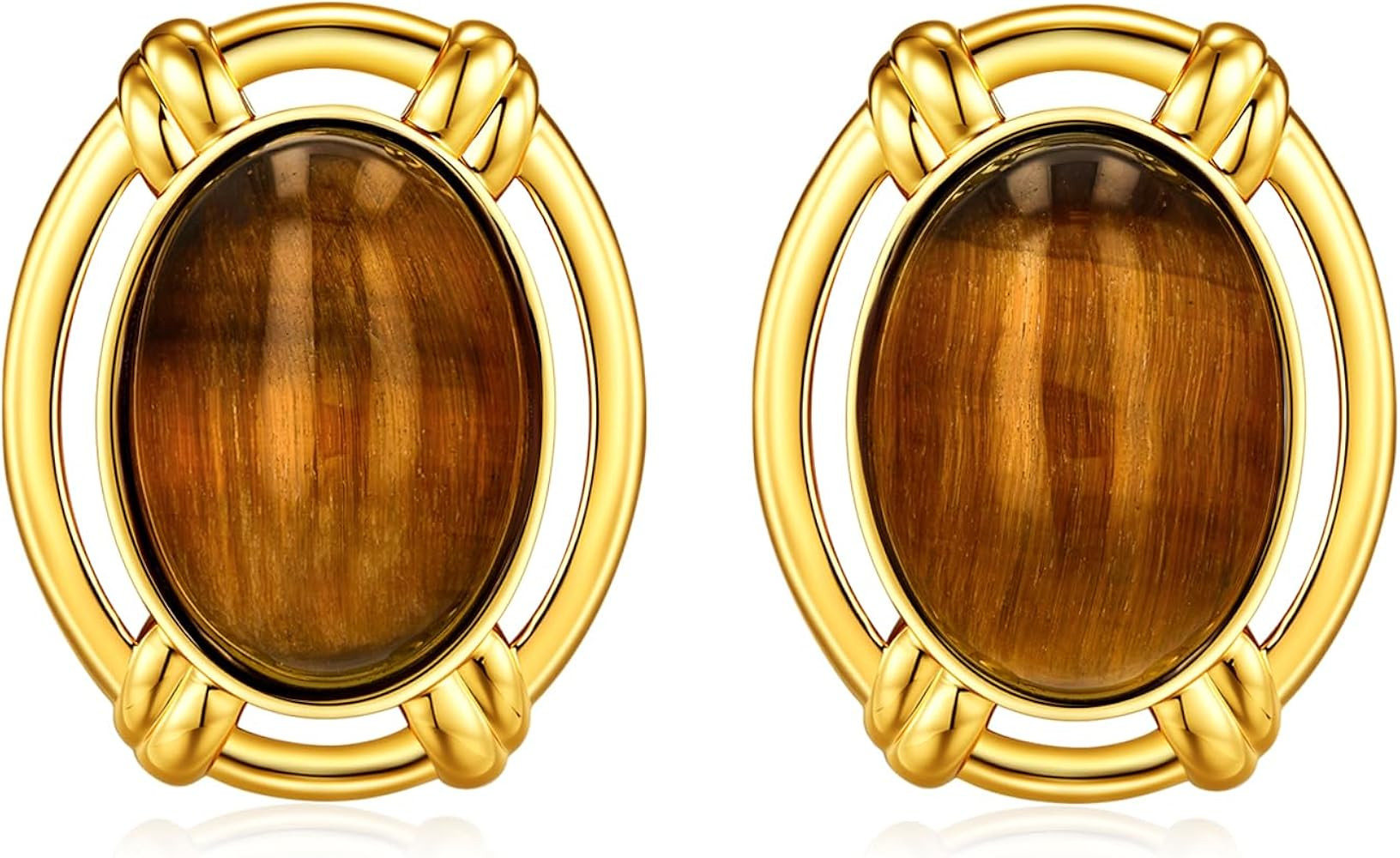 Large Oval Button Chunky 18K gold plated Tiger Eye Gemstone Statement Earrings for Women by SNGIA... | Amazon (US)