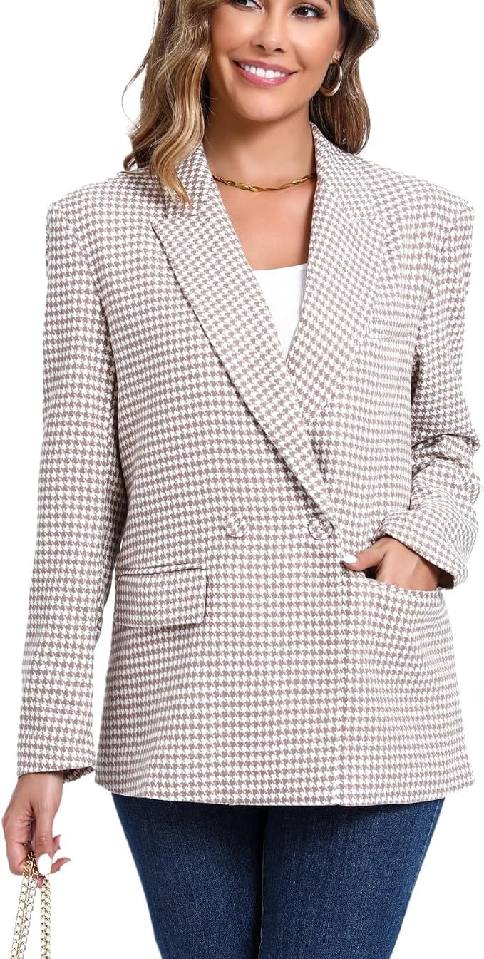 Women's Oversized Double-Breasted Suit Blazer Jacket Top Stitch Long Sleeve Casual Work Office Bl... | Amazon (US)