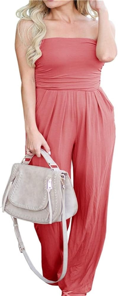 PRIMODA Women's Tube Top Strapless Off Shoulder Loose Wide Leg Jumpsuit Romper with Pockets | Amazon (US)