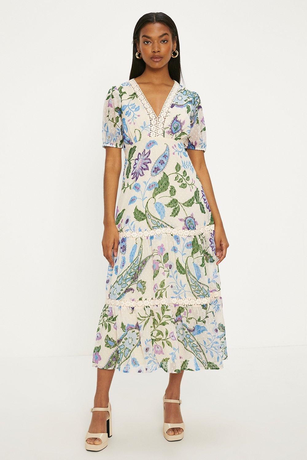 Lace Trim Dobby Chiffon Floral Print Midi Dress | Oasis UK & IE