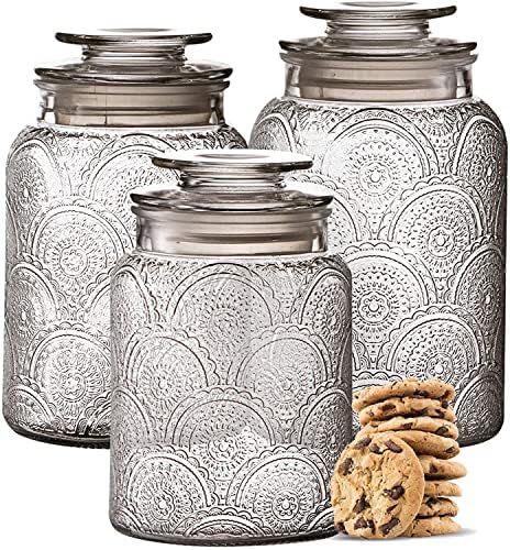 3pc Glass Canisters Set for Kitchen Counter with Airtight Lids - Retro Design - Pantry Organizati... | Amazon (US)