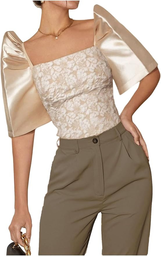 Floerns Women's Satin Puff Sleeve Blouses Tops Square Neck Jacquard Dressy Casual Shirts | Amazon (US)