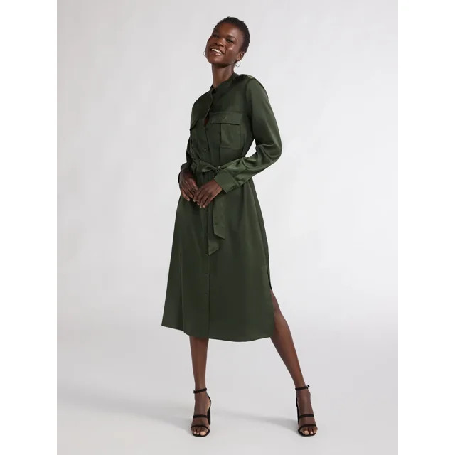 Scoop Women’s Satin Button Down Dress with Cargo Pockets, Sizes XS-XXL | Walmart (US)